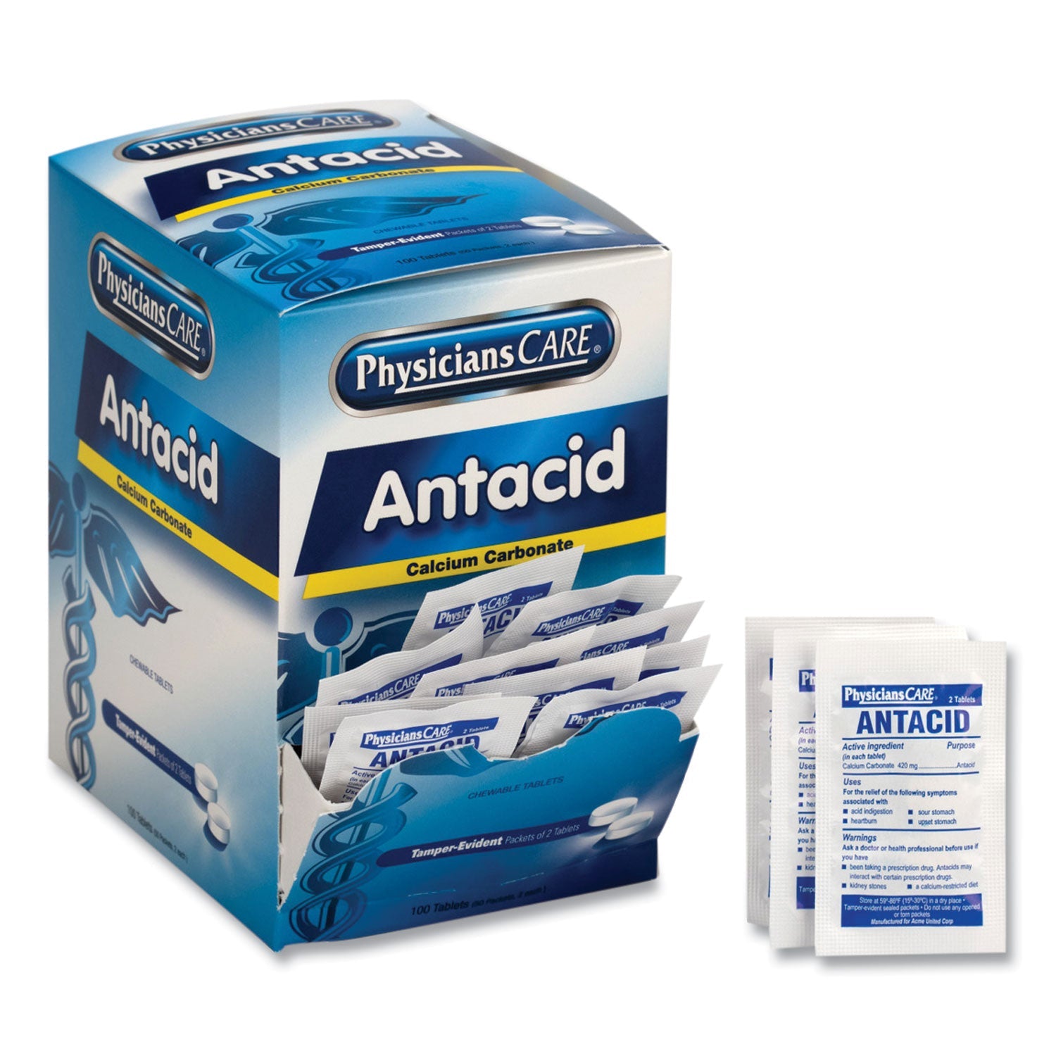 PhysiciansCare® Antacid Calcium Carbonate Medication, Two-Pack, 50 Packs/Box