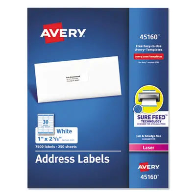 AVERY PRODUCTS CORPORATION White Address Labels w/ Sure Feed Technology for Laser Printers, Laser Printers, 1 x 2.63, White, 30/Sheet, 250 Sheets/Box Flipcost Flipcost