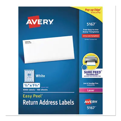 AVERY PRODUCTS CORPORATION Easy Peel White Address Labels w/ Sure Feed Technology, Laser Printers, 0.5 x 1.75, White, 80/Sheet, 100 Sheets/Box Flipcost Flipcost