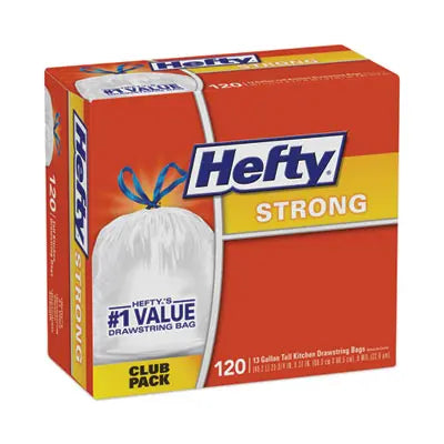 Hefty® Strong Tall Kitchen Drawstring Bags, 13 gal, 0.9 mil, 23.75" x 27", White, 90/Box Flipcost Flipcost