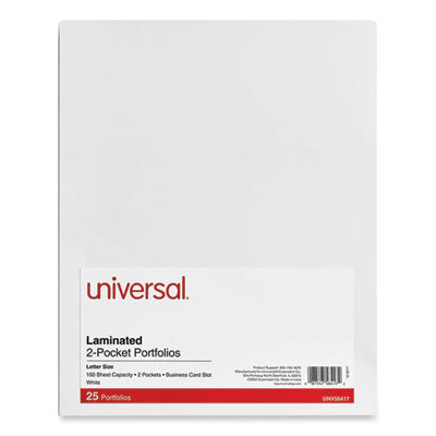 Universal® Laminated Two-Pocket Portfolios, Cardboard Paper, 100-Sheet Capacity, 11 x 8.5, White, 25/Box Flipcost Flipcost