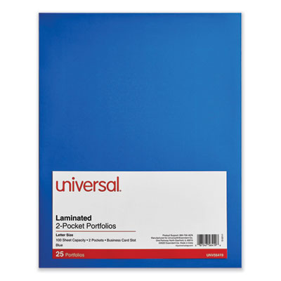 Universal® Laminated Two-Pocket Folder, Cardboard Paper, 100-Sheet Capacity, 11 x 8.5, Blue, 25/Box Flipcost Flipcost