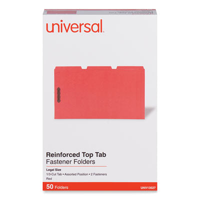 Universal® Deluxe Reinforced Top Tab Fastener Folders, 0.75" Expansion, 2 Fasteners, Legal Size, Red Exterior, 50/Box Flipcost Flipcost