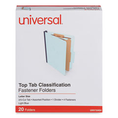 Universal® Four-Section Pressboard Classification Folders, 1.75" Expansion, 1 Divider, 4 Fasteners, Letter Size, Light Blue, 20/Box Flipcost Flipcost