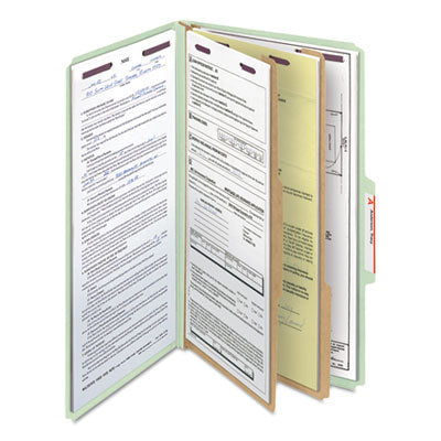 Smead™ Pressboard Classification Folders, Six SafeSHIELD Fasteners, 2/5-Cut Tabs, 2 Dividers, Legal Size, Gray-Green, 10/Box Flipcost Flipcost