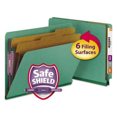 Smead™ End Tab Pressboard Classification Folders, Six SafeSHIELD Fasteners, 2" Expansion, 2 Dividers, Letter Size, Green, 10/Box Flipcost Flipcost