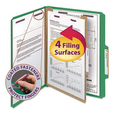 Smead™ Four-Section Pressboard Top Tab Classification Folders, Four SafeSHIELD Fasteners, 1 Divider, Letter Size, Green, 10/Box Flipcost Flipcost