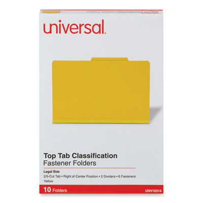 Universal® Bright Colored Pressboard Classification Folders, 2" Expansion, 2 Dividers, 6 Fasteners, Legal Size, Yellow Exterior, 10/Box Flipcost Flipcost