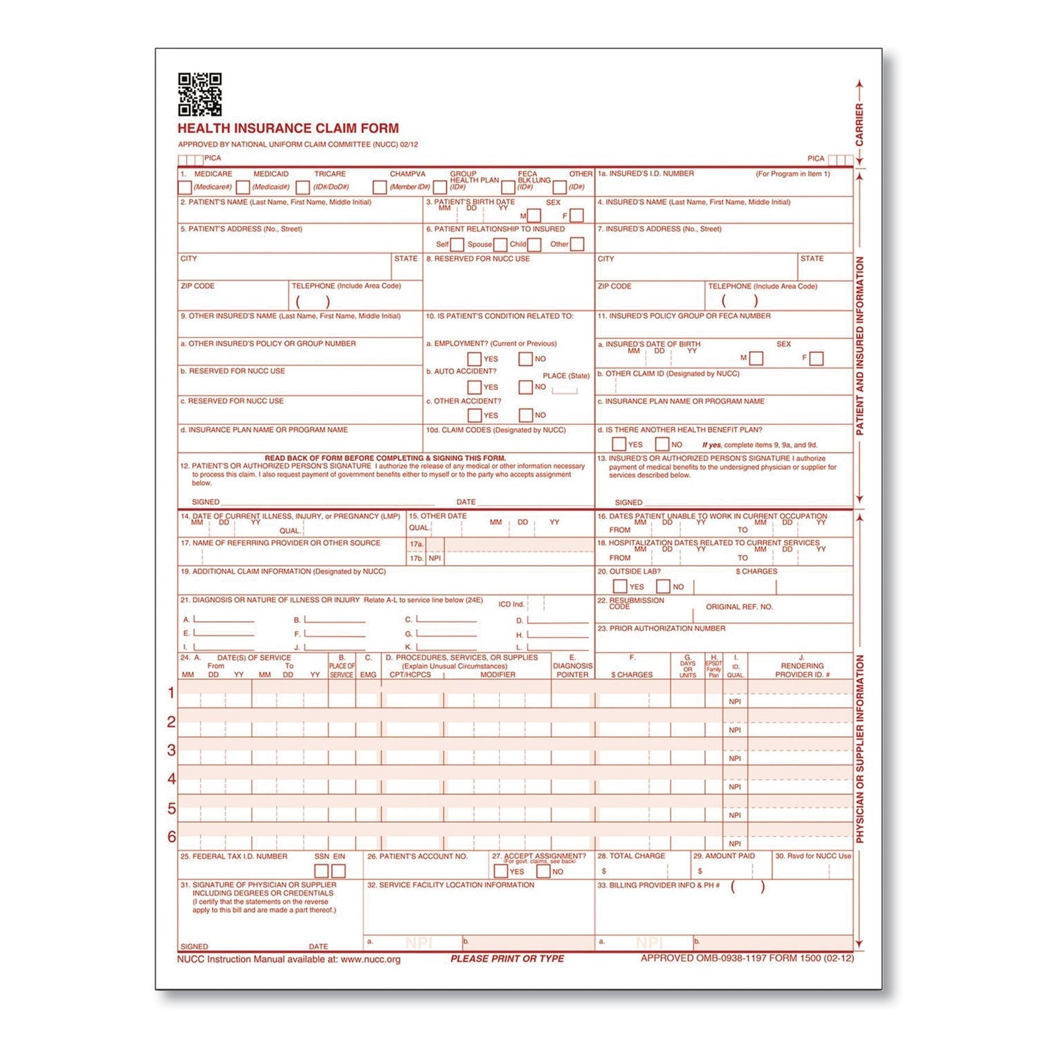 Adams® CMS Health Insurance Claim Form, Two-Part Carbonless, 8.5 x 11, 100 Forms Total