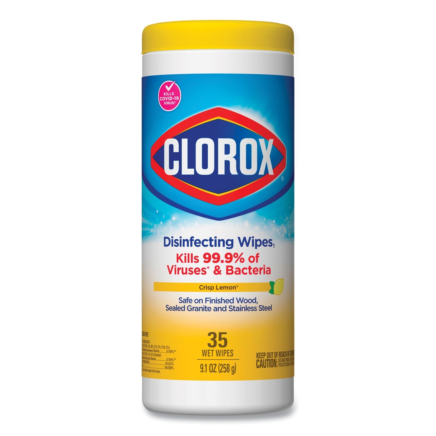 Clorox® Disinfecting Wipes, 1-Ply, 7 x 8, Crisp Lemon, White, 35/Canister