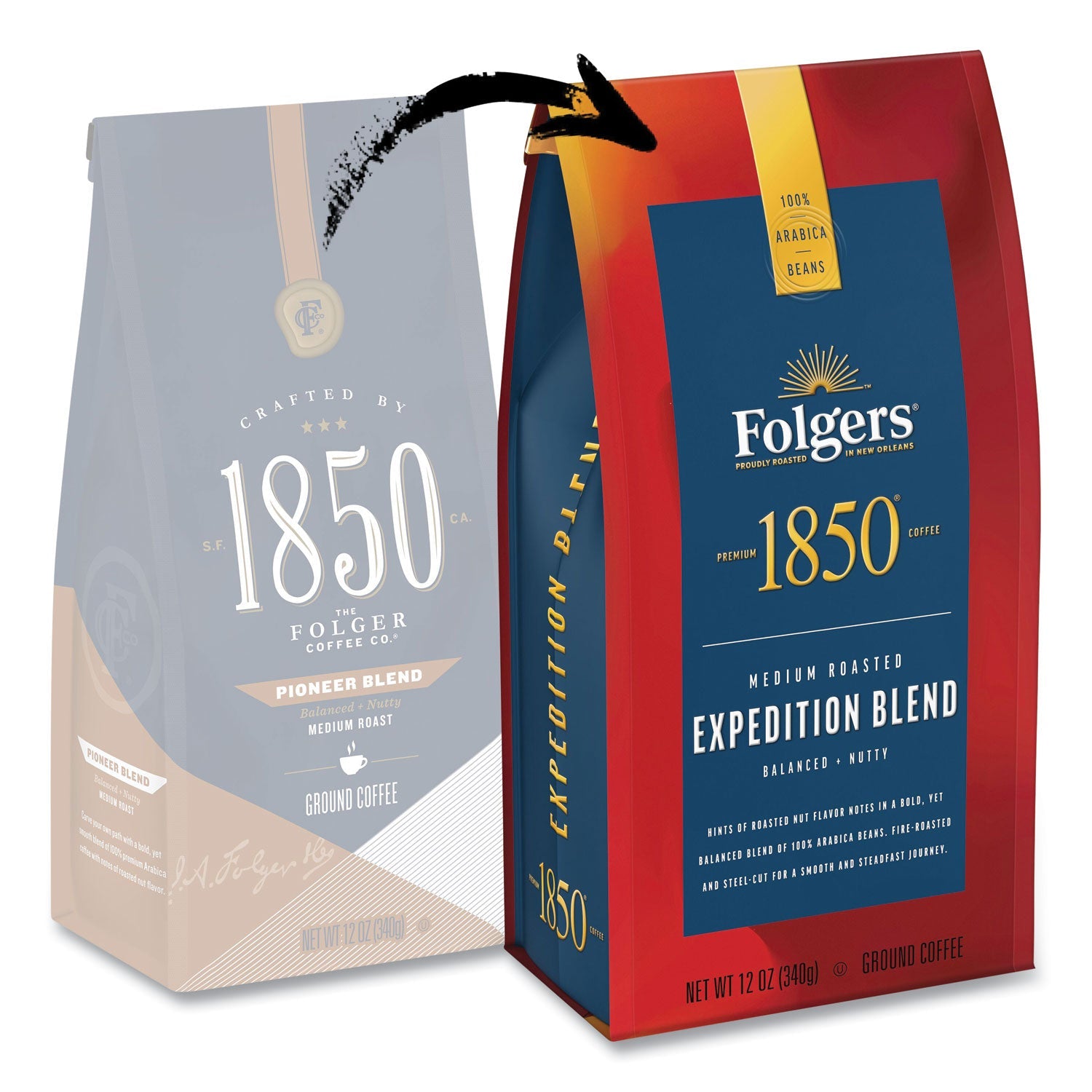 1850 Coffee, Expedition Blend, Medium Roast, Ground, 12 oz Bag, 6/Carton