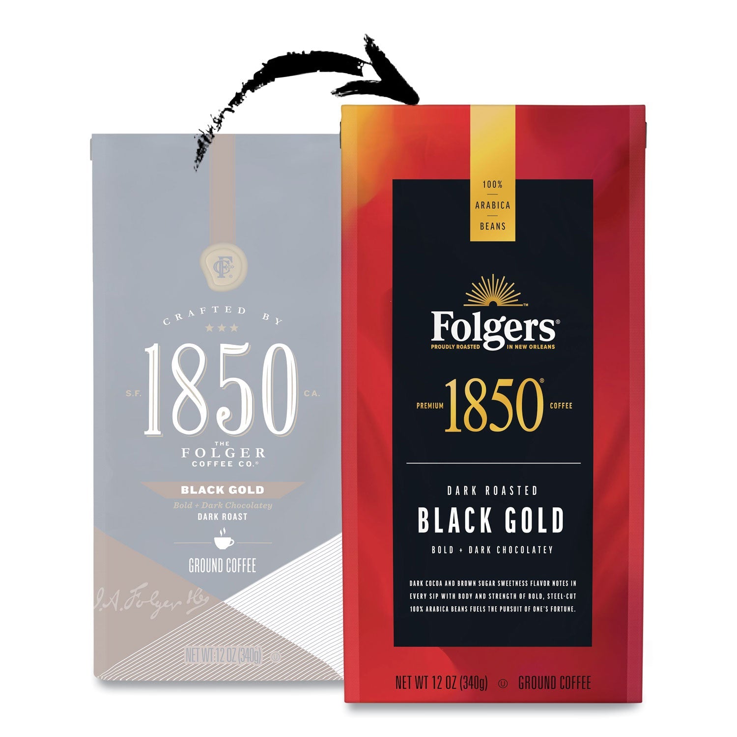 1850 Coffee, Black Gold, Dark Roast, Ground, 12 oz Bag, 6/Carton