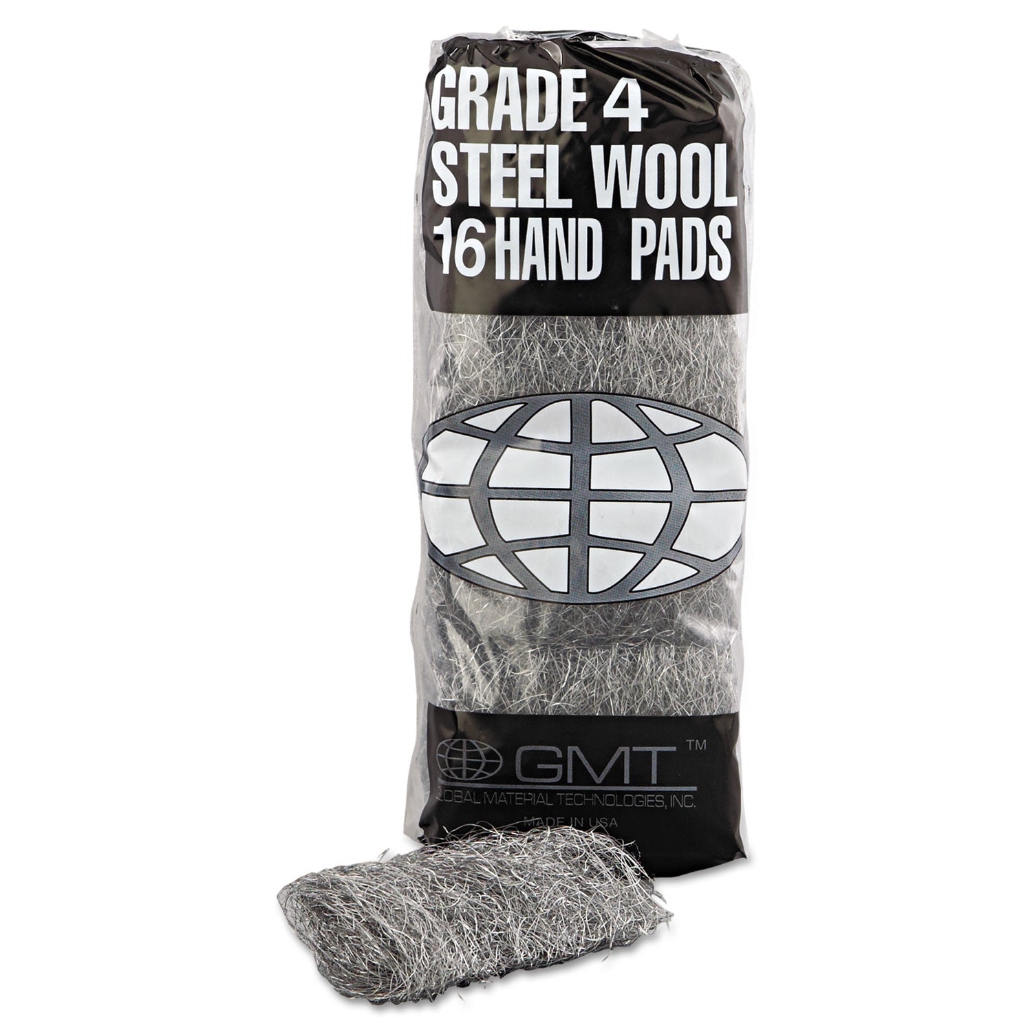 GMT Industrial-Quality Steel Wool Hand Pads, #4 Extra Coarse, Steel Gray, 16 Pads/Sleeve, 12 Sleeves/Carton