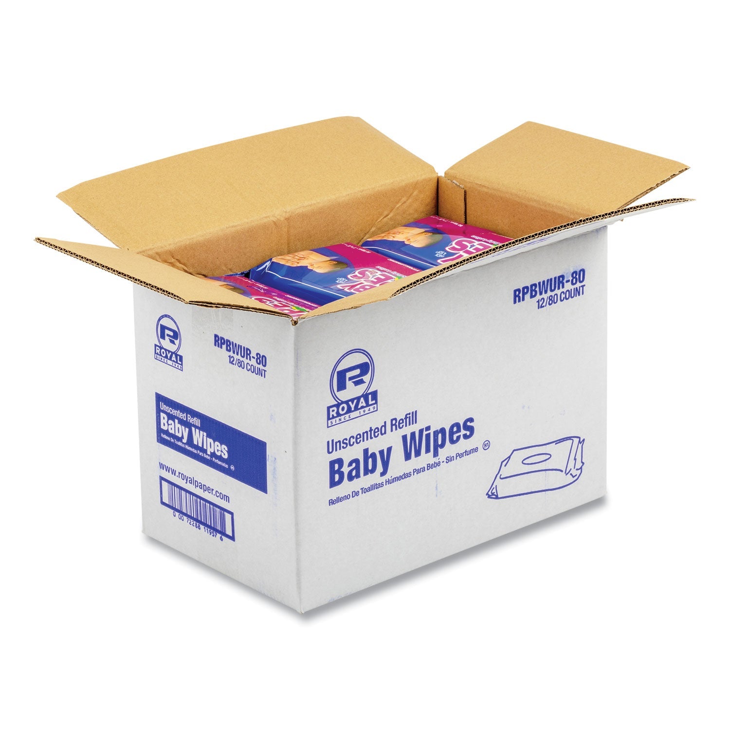 AmerCareRoyal® Baby Wipes Refill Pack, 8 x 7, Unscented, White, 80/Pack, 12 Packs/Carton