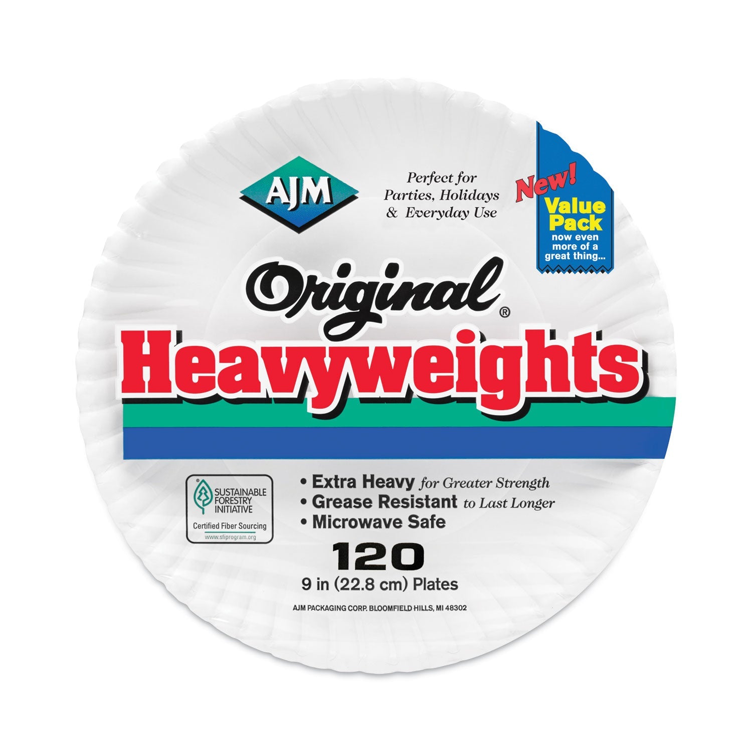 AJM Packaging Corporation Original Heavyweights Paper Plates, 9" dia, White, 120/Pack, 8 Packs/Carton