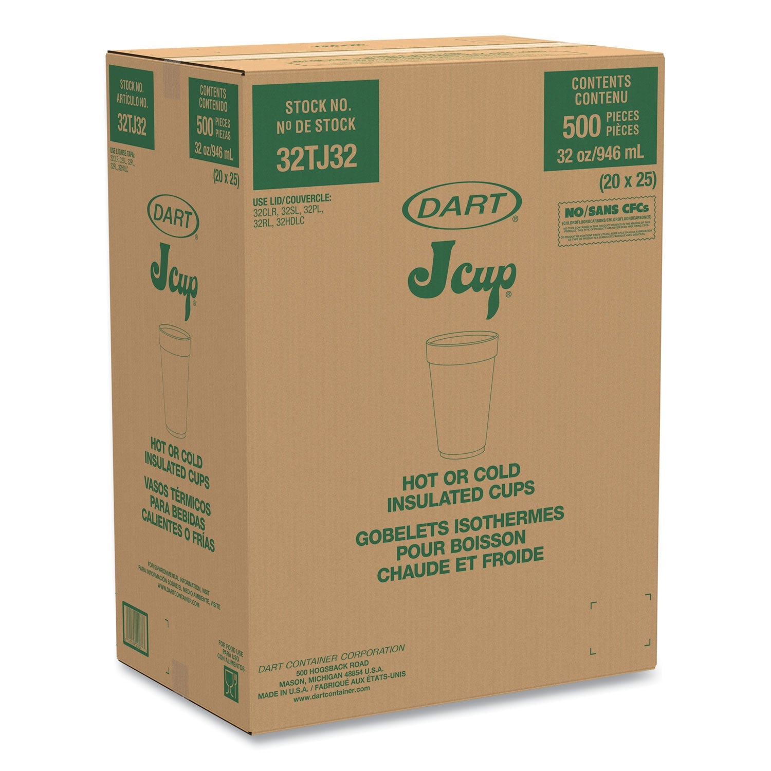 Dart® Foam Drink Cups, 32 oz, White, 25/Bag, 20 Bags/Carton