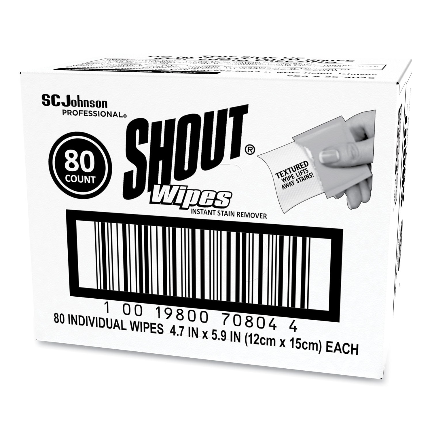 Shout® Wipe and Go Instant Stain Remover, 4.7 x 5.9, Unscented, White, 80 Packets/Carton