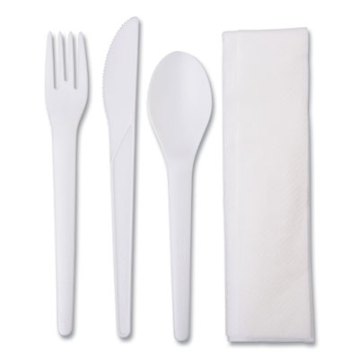 Plantware Compostable Cutlery Kit, Knife/Fork/Spoon/Napkin, 6", Pearl White, 250 Kits/Carton Flipcost Flipcost