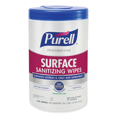 PURELL® Foodservice Surface Sanitizing Wipes, 1-Ply, 10 x 7, Fragrance-Free, White, 110/Canister, 6 Canisters/Carton Flipcost Flipcost