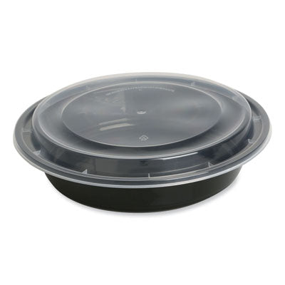 Microwavable food container black base with Lid, Round, 48 oz, 8.85 x 8.85 x 2.24, Black/Clear, Plastic, 150/Carton Flipcost Flipcost