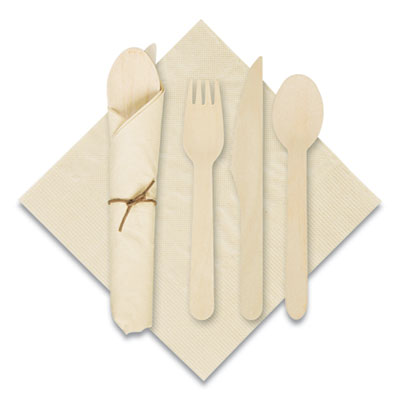 Pre-Rolled Kraft Napkins Wood Cutlery, 6 x 12 Napkin;Fork;Knife;Spoon, 7" to 9", Kraft, 100/Carton Flipcost Flipcost