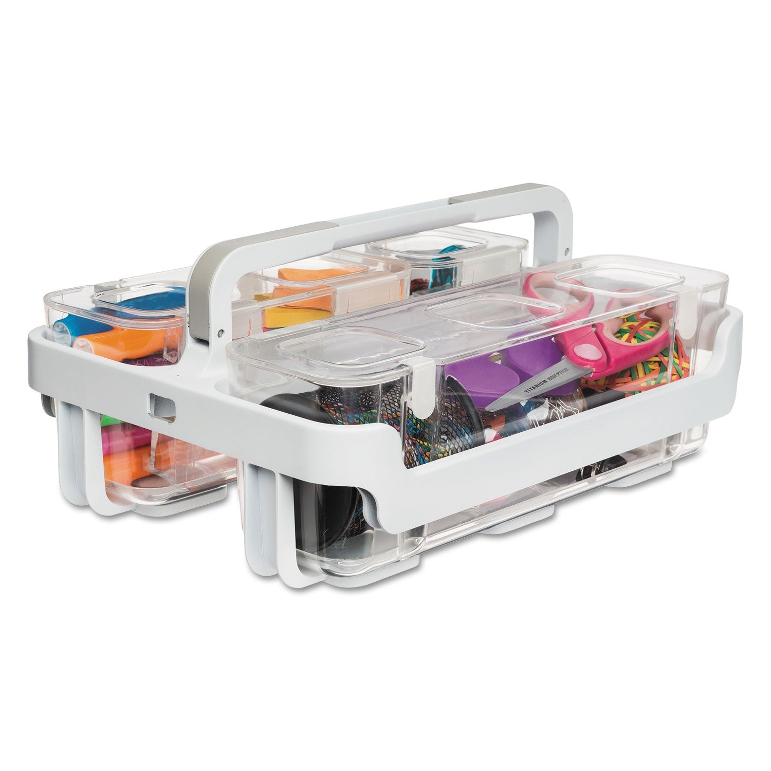 deflecto® Stackable Caddy Organizer with S, M and L Containers, Plastic, 10.5 x 14 x 6.5, White Caddy/Clear Containers