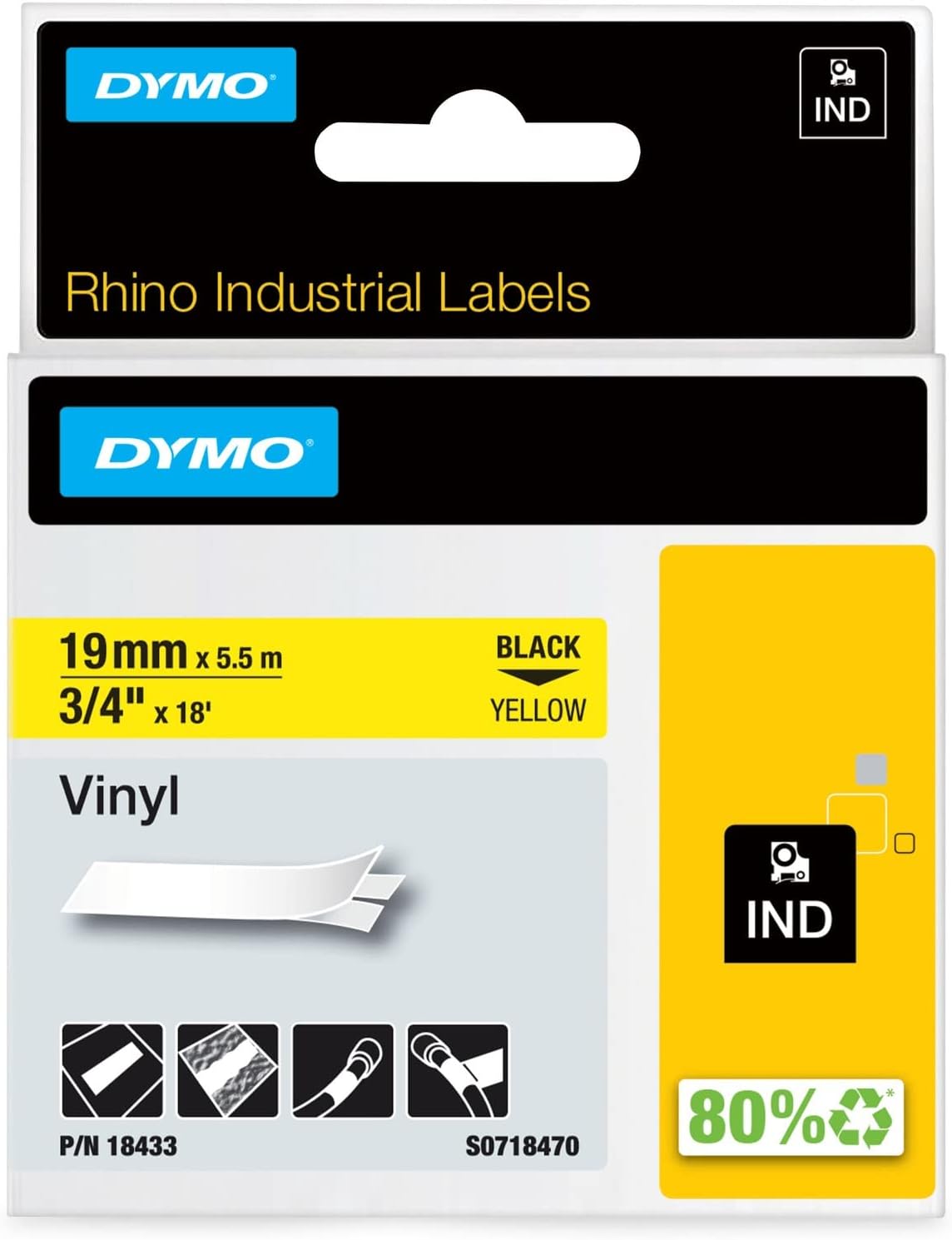 DYMO® Rhino Permanent Vinyl Industrial Label Tape, 0.75" x 18 ft, Yellow/Black Print