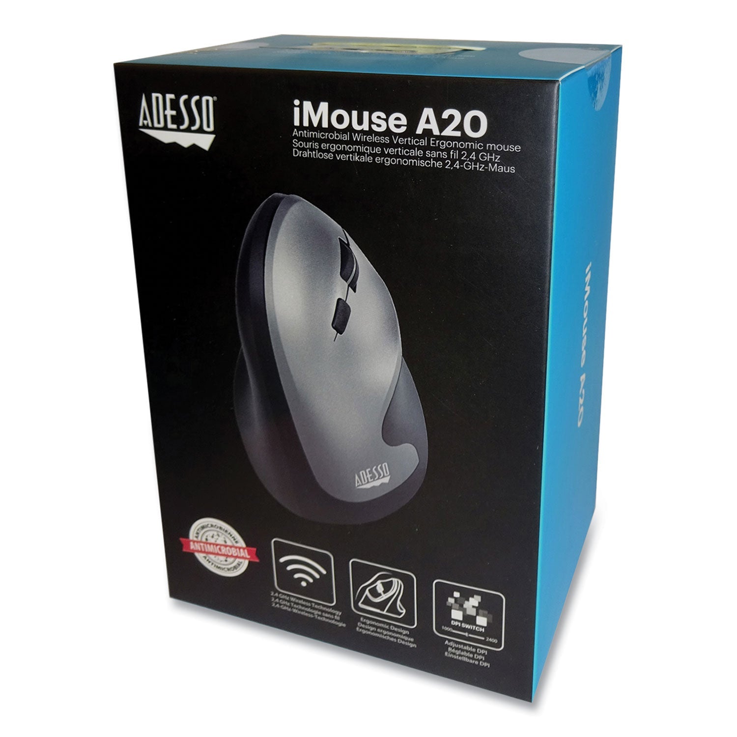 Adesso iMouse A20 Antimicrobial Vertical Wireless Mouse, 2.4 GHz Frequency/33 ft Wireless Range, Right Hand Use, Black/Granite