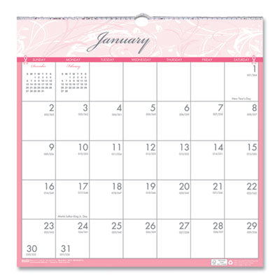 Recycled Monthly Wall Calendar, Breast Cancer Awareness Artwork, 12 x 12, White/Pink/Gray Sheets, 12-Month (Jan-Dec): 2024 Flipcost Flipcost