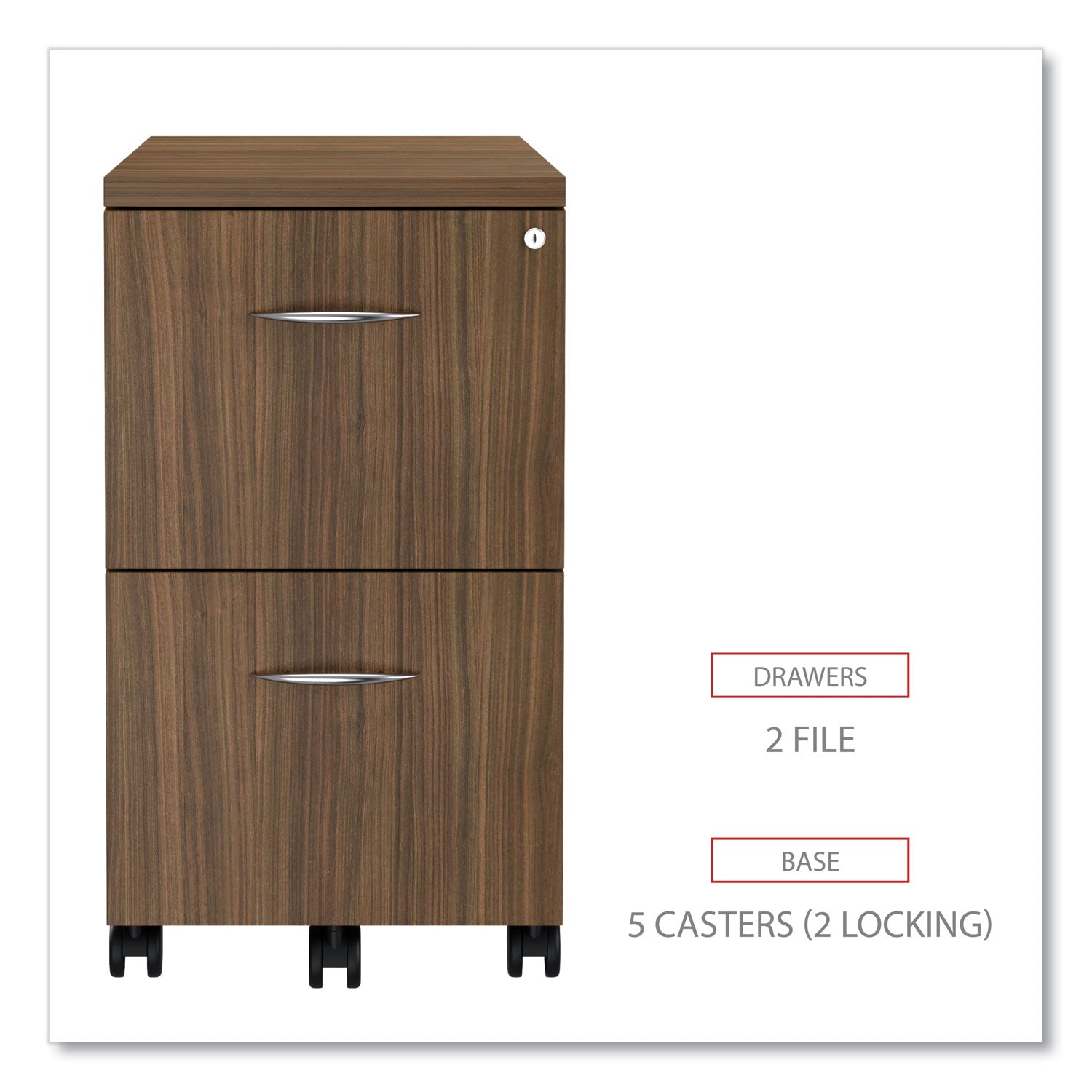 Alera® Alera Valencia Series Mobile Pedestal, Left or Right, 2 Legal/Letter-Size File Drawers, Modern Walnut, 15.38" x 20" x 26.63"