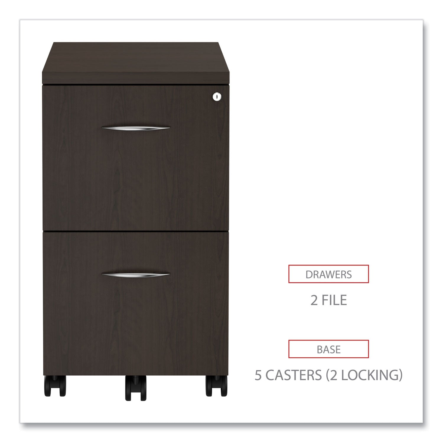 Alera® Alera Valencia Series Mobile Pedestal, Left or Right, 2 Legal/Letter-Size File Drawers, Espresso, 15.38" x 20" x 26.63"