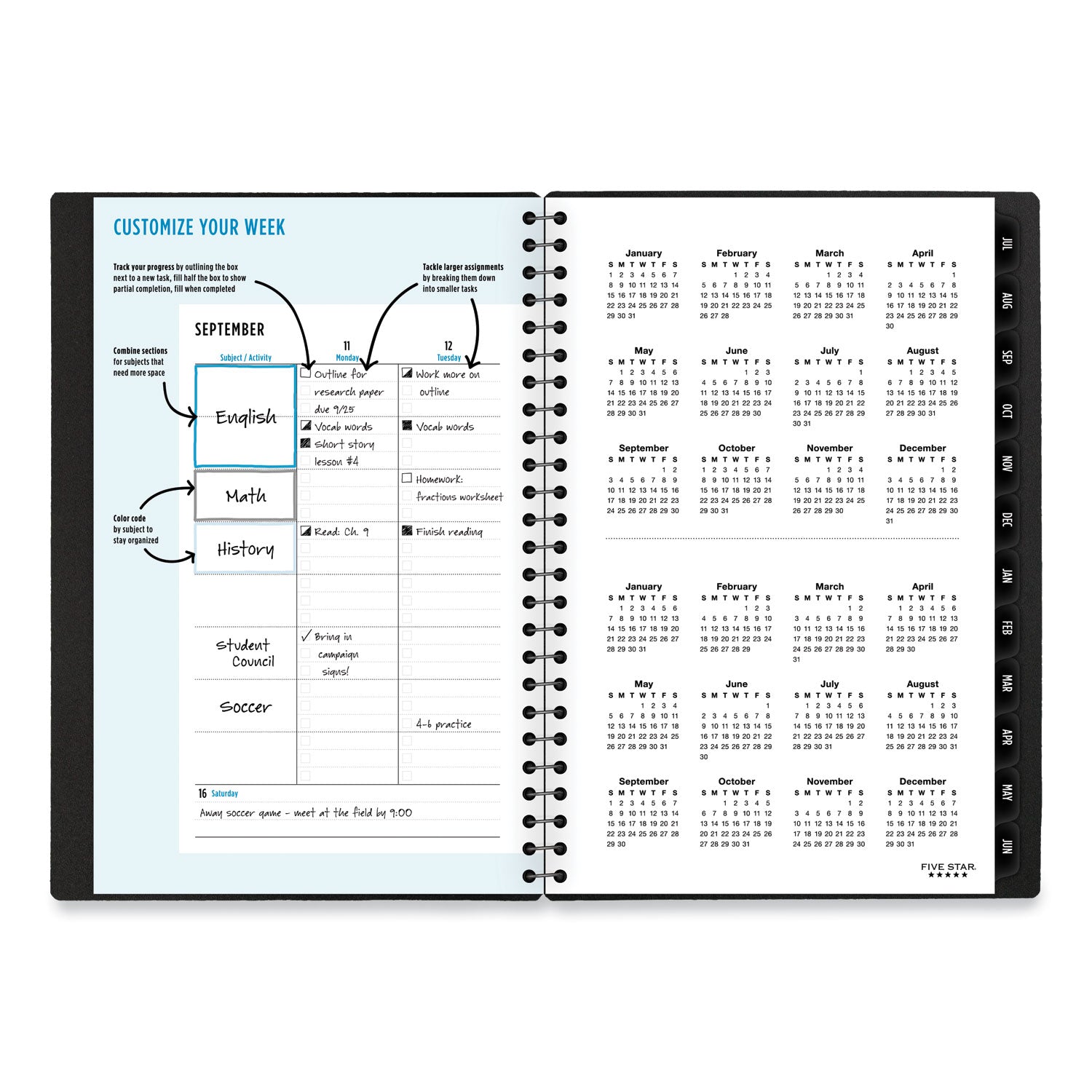 Five Star® Academic Year Customizable Student Weekly/Monthly Planner, 8.5 x 6.75, 12-Month (July to June), 2024 to 2025