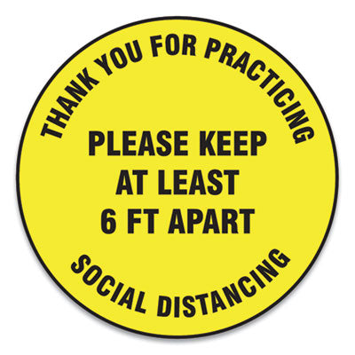 Slip-Gard Floor Signs 12" Yellow Circle, "Thank You For Practicing Social Distancing Please Keep At Least 6 ft Apart", , 25/PK Flipcost Flipcost