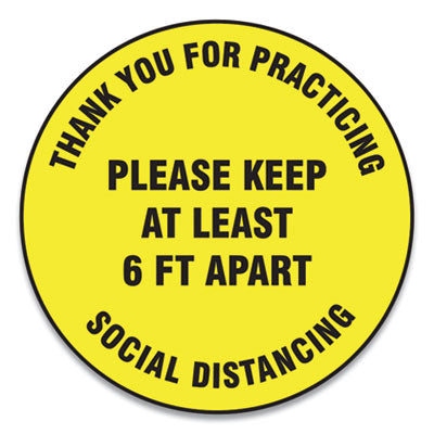 Slip-Gard Floor Signs 17" Yellow Circle, Thank You For Practicing Social Distancing Please Keep At Least 6 ft Apart", , 25/PK Flipcost Flipcost