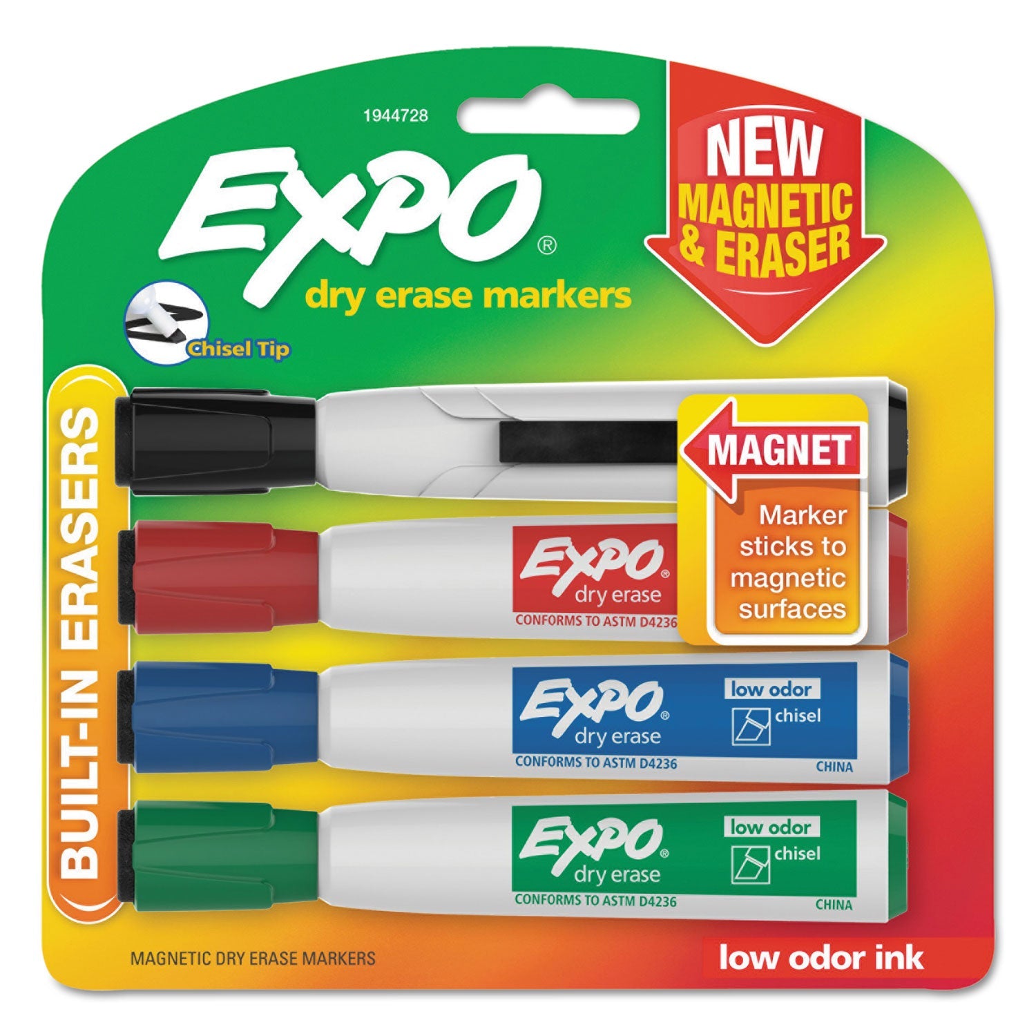 EXPO® Magnetic Dry Erase Marker, Broad Chisel Tip, Assorted Colors, 4/Pack