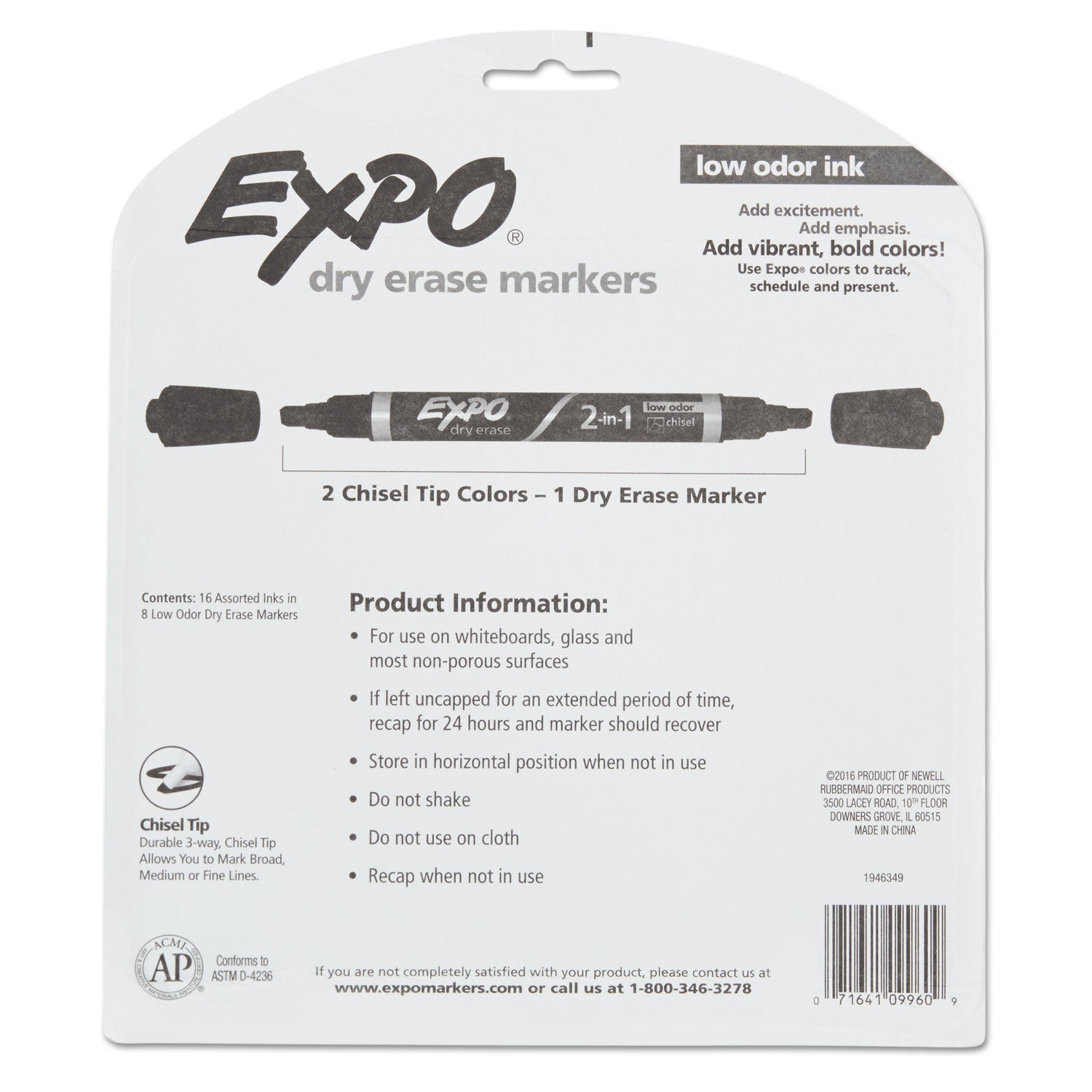 EXPO® 2-in-1 Dry Erase Markers, Fine/Broad Chisel Tips, Assorted Colors, 8/Pack