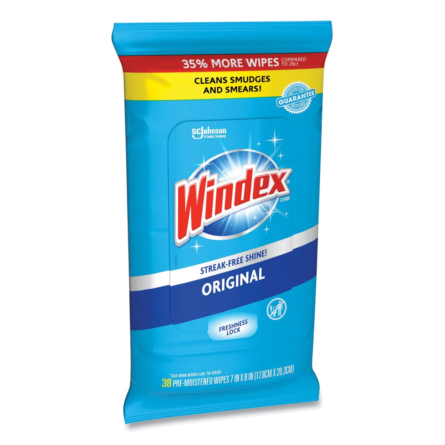 Windex® Glass and Surface Wet Wipe, Cloth, 7 x 8, Unscented, White, 38/Pack