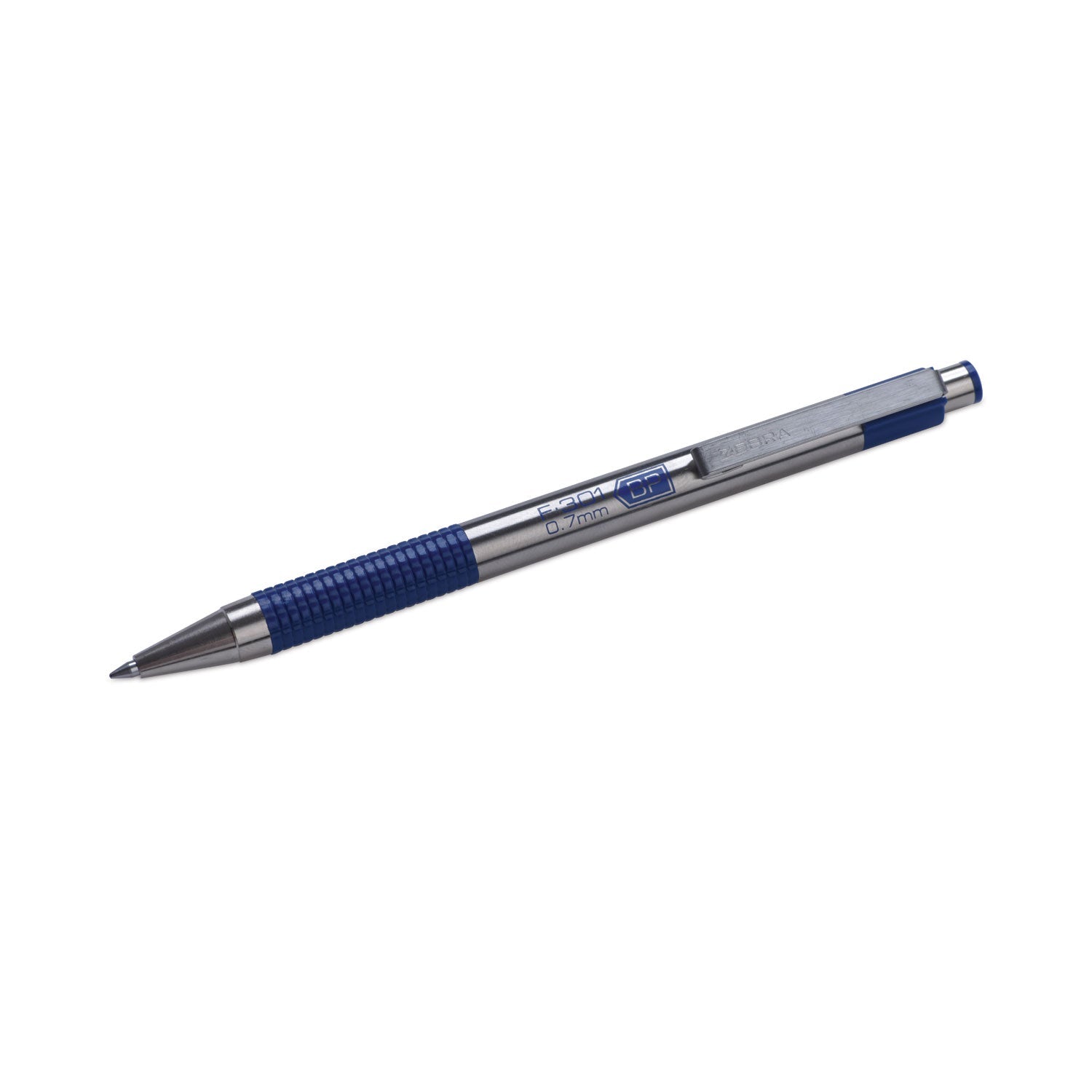 Zebra® F-301 Ballpoint Pen, Retractable, Fine 0.7 mm, Blue Ink, Stainless Steel/Blue Barrel, 2/Pack