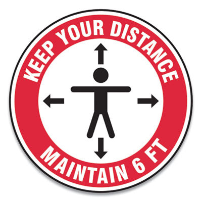 Slip-Gard Social Distance Floor Signs, 12" Circle, "Keep Your Distance Maintain 6 ft", Human/Arrows, Red/White, 25/Pack Flipcost Flipcost