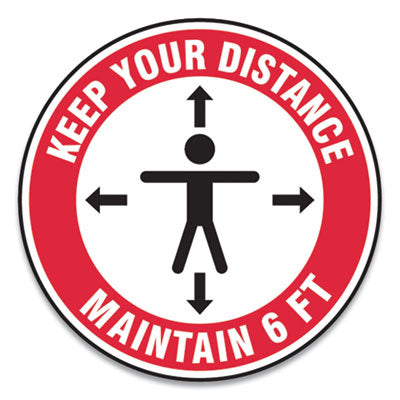 Slip-Gard Social Distance Floor Signs, 17" Circle, "Keep Your Distance Maintain 6 ft", Human/Arrows, Red/White, 25/Pack Flipcost Flipcost