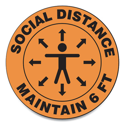 Slip-Gard Social Distance Floor Signs, 12" Circle, "Social Distance Maintain 6 ft", Human/Arrows, Orange, 25/Pack Flipcost Flipcost