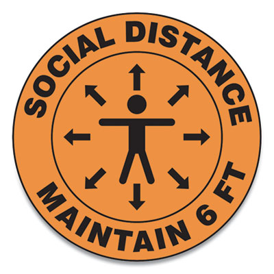 Slip-Gard Social Distance Floor Signs, 17" Circle, "Social Distance Maintain 6 ft", Human/Arrows, Orange, 25/Pack Flipcost Flipcost