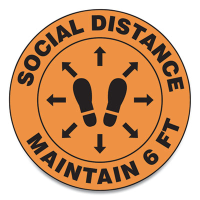 Slip-Gard Social Distance Floor Signs, 12" Circle, "Social Distance Maintain 6 ft", Footprint, Orange, 25/Pack Flipcost Flipcost