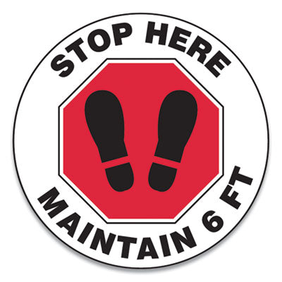 Slip-Gard Social Distance Floor Signs 12" Circle, "Stop Here Maintain 6 ft", Footprint, Red/White, 25/Pack Flipcost Flipcost