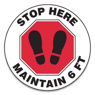 Slip-Gard Social Distance Floor Signs 17" Circle, "Stop Here Maintain 6 ft", Footprint, Red/White, 25/Pack Flipcost Flipcost