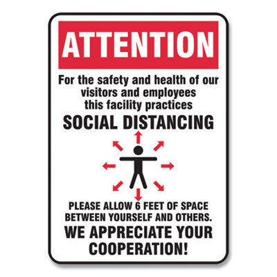 Social Distance Signs Wall 7x10, Visitors and Employees Distancing, Humans/Arrows, Red/White, 10/Pack Flipcost Flipcost