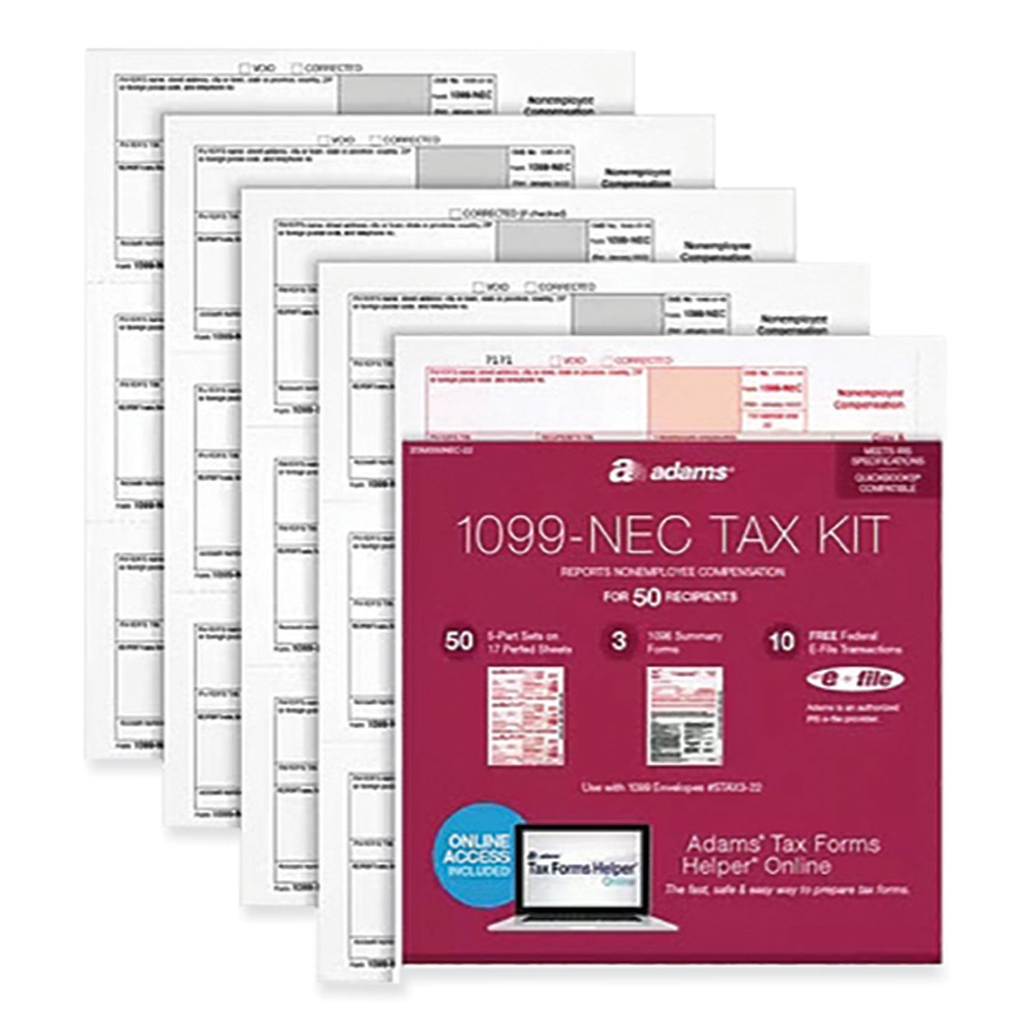 Adams® 1099-NEC + 1096 Tax Form Kit with e-File, Inkjet/Laser, Fiscal Year: 2023, 5-Part, 8.5 x 3.67, 3 Forms/Sheet, 50 Forms Total