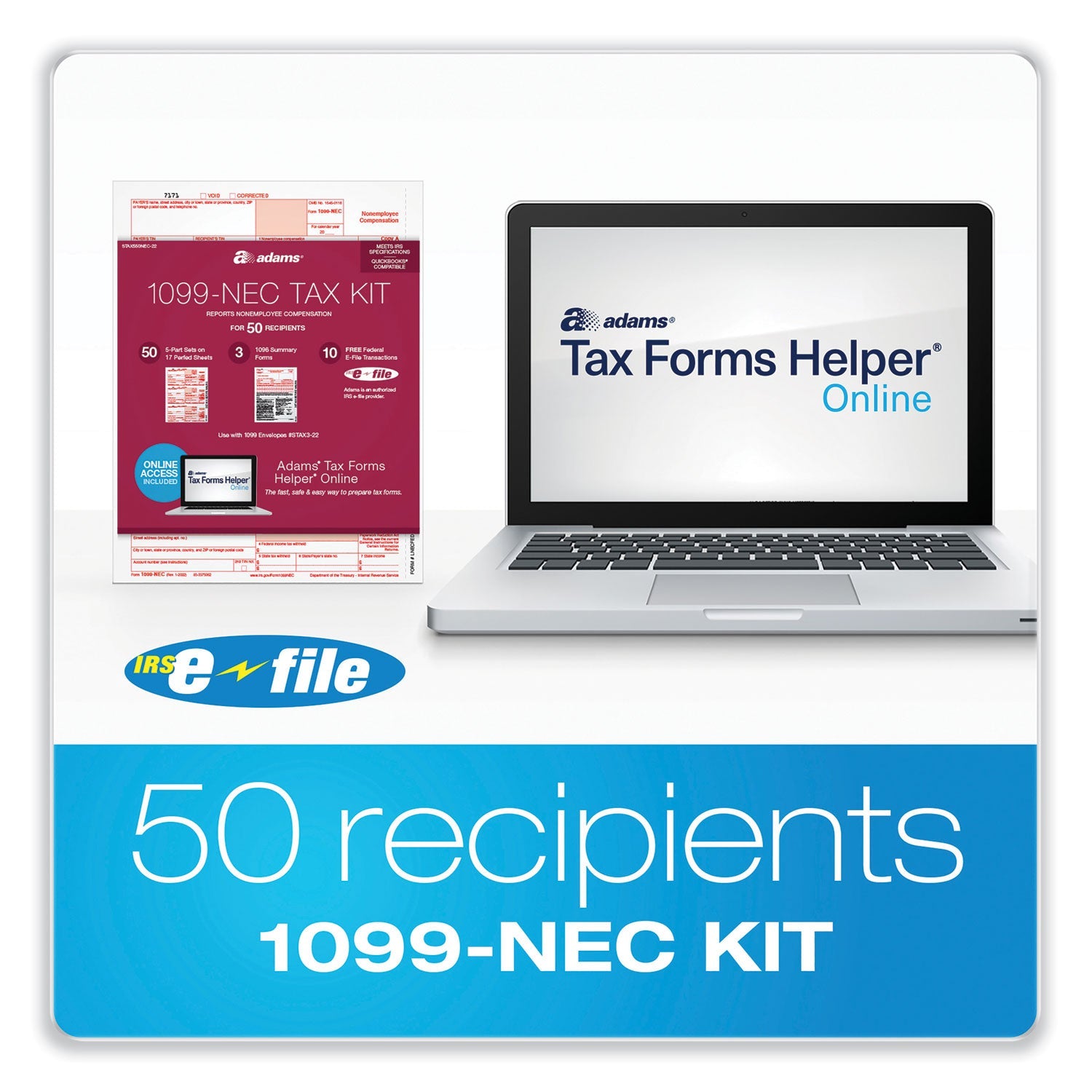 Adams® 1099-NEC + 1096 Tax Form Kit with e-File, Inkjet/Laser, Fiscal Year: 2023, 5-Part, 8.5 x 3.67, 3 Forms/Sheet, 50 Forms Total