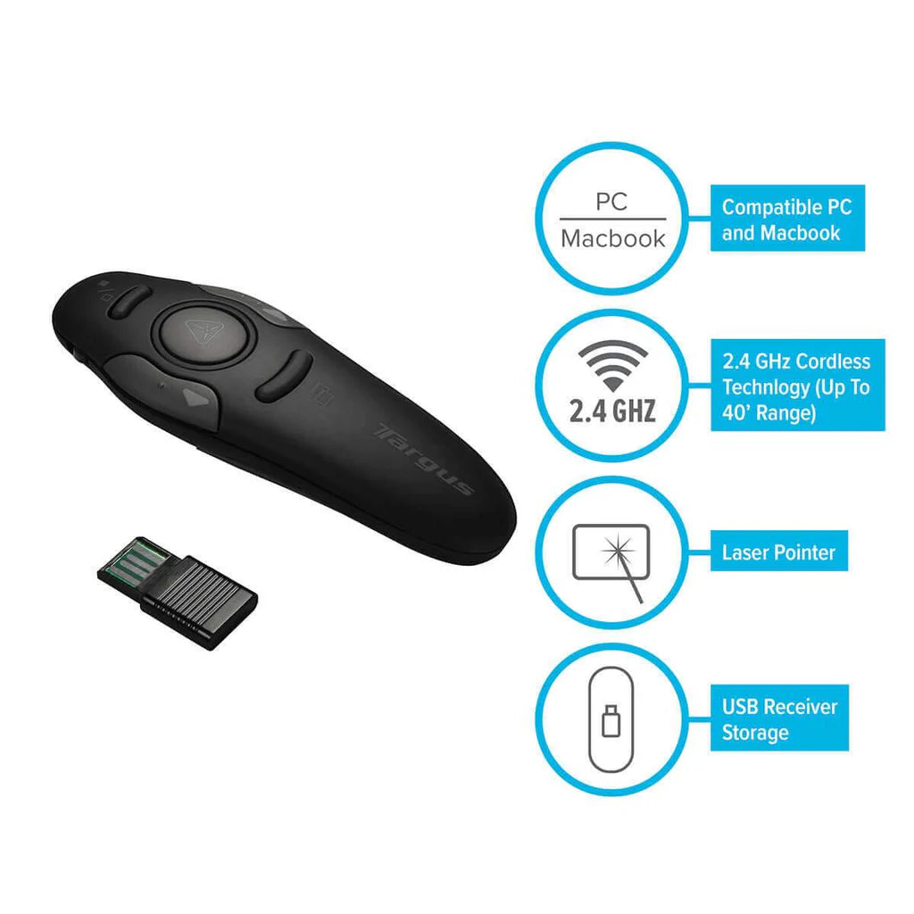 Targus® Wireless USB Presenter with Laser Pointer, Class 2, 50 ft Range, Black