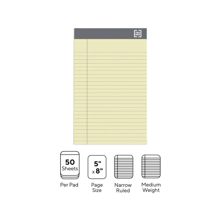 TRU RED™ Notepads, Narrow Rule, 50 Canary Yellow 5 x 8 Sheets, 6/Pack